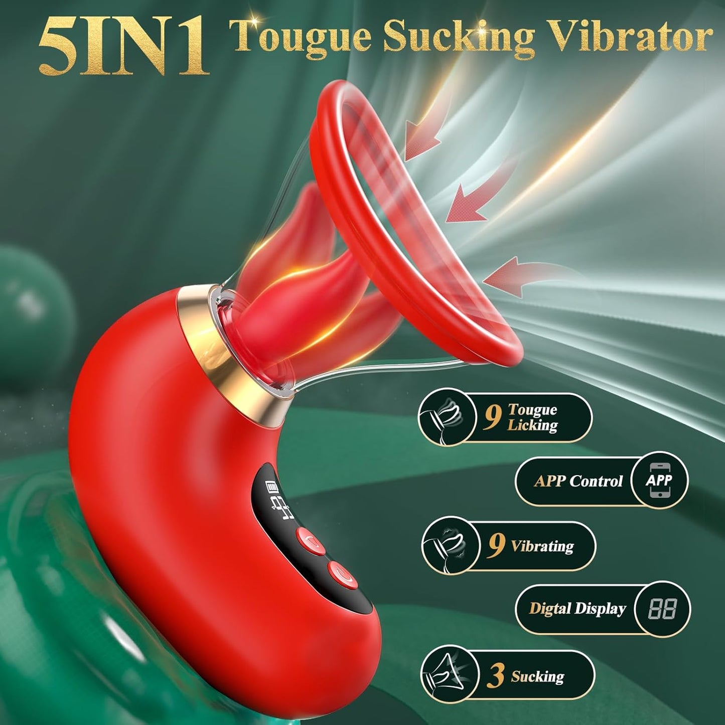 Women's Vibrator Adult Sex Toys 5IN1 Sucking Rose Vibrator 3 Sucking 9 Tongue Licking Vibrating LCD Removable Cup Toy