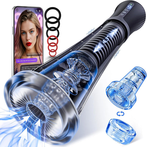 Transparent Male Masturbator Pussy Pump APP Control Vibrating Spring Power Suction 2 Sleeves 6 Rings