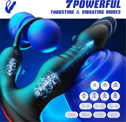 Prostate Massager Vibrator with Thrusting Vibration 7 Modes Rooster Ring Plug Sex Toy for Men P Spot Massager Couple Remote Control Beads