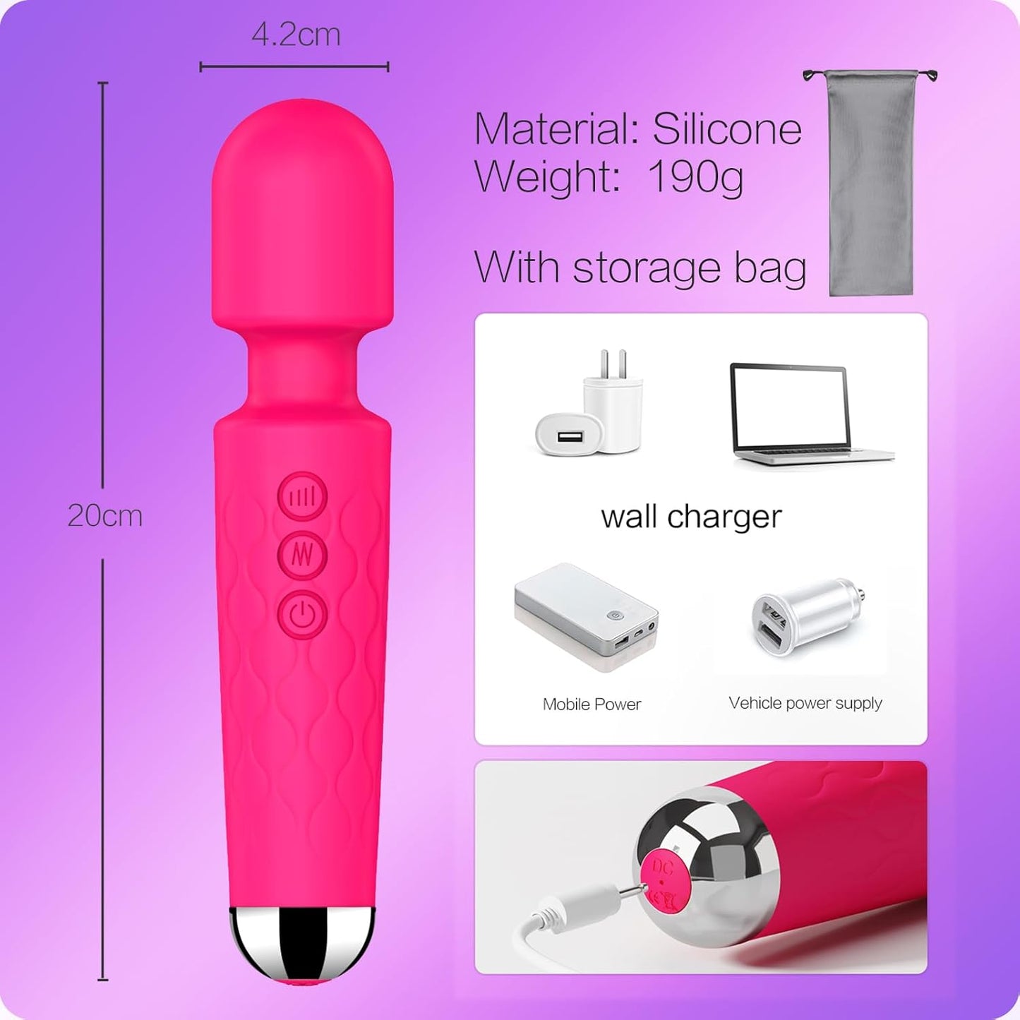 Vibrator Wand Adult Sex Toy G Spot Clit Stimulator 8 Speeds 20 Patterns Waterproof Rose Red