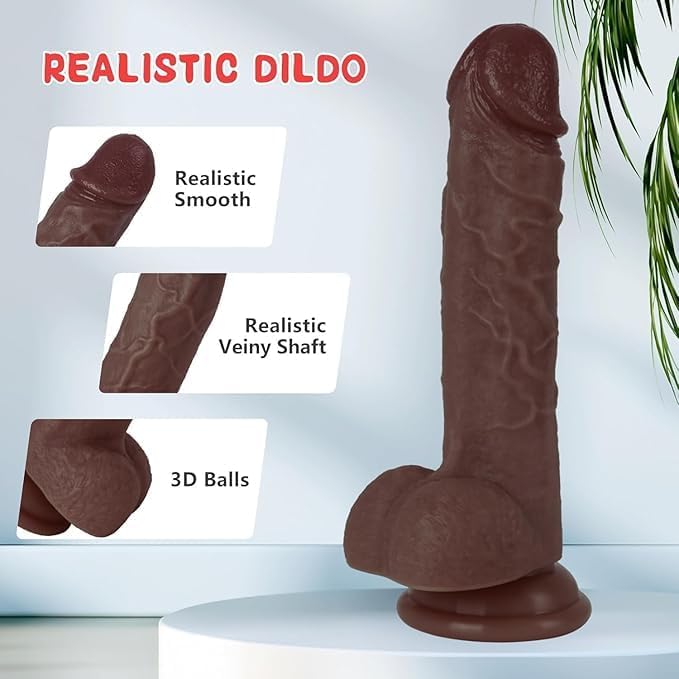 Realistic Silicone Dildo Sex Toys Safety Material for Vagina Anal Clitoral Stimulation Strong Suction 7.8Inch Brown