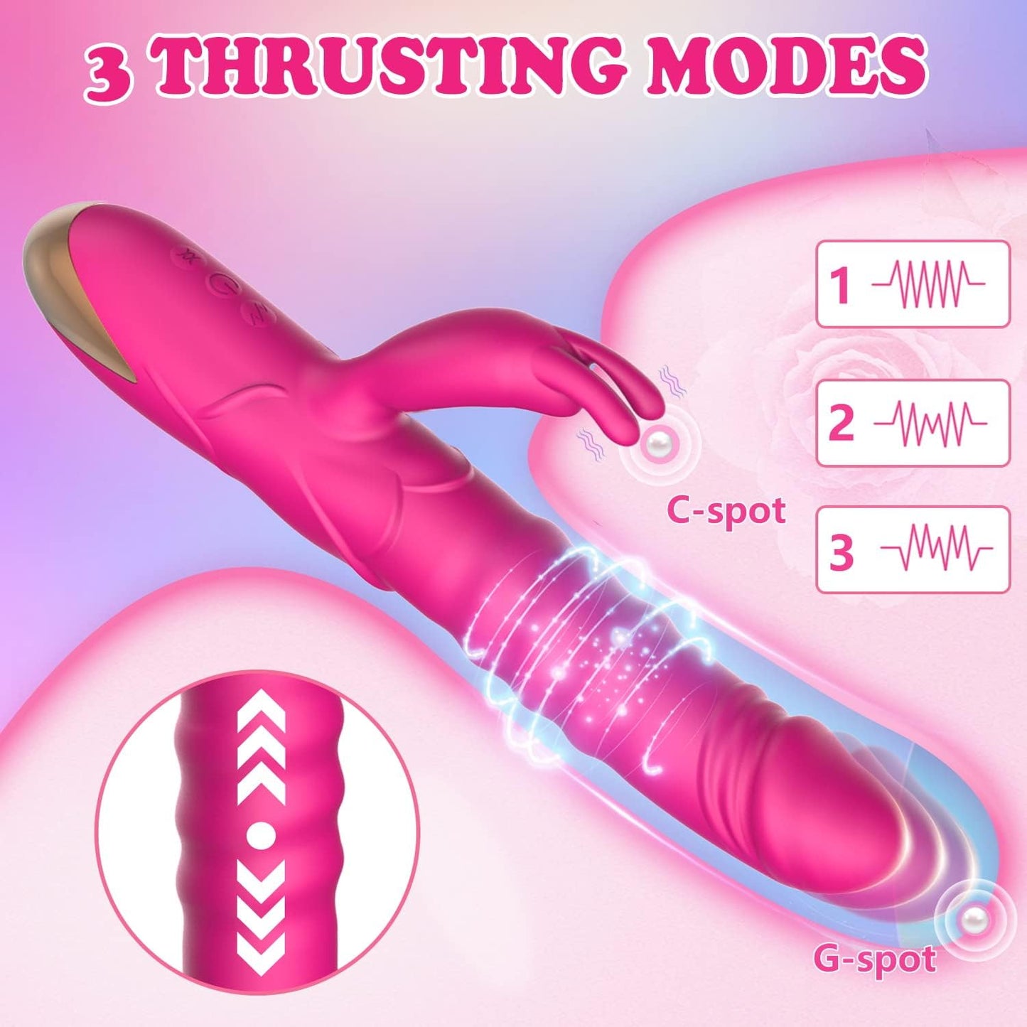 Thrusting Rabbit Vibrator Realistic Silicone Clitoral Stimulator Waterproof Rechargeable 3 Thrust 10 Vibe Modes Rose Sex Toy Women