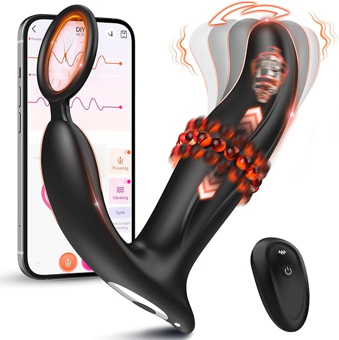 Prostate Massager Vibrator with Thrusting Vibration 7 Modes Rooster Ring Plug Sex Toy for Men P Spot Massager Couple Remote Control Beads