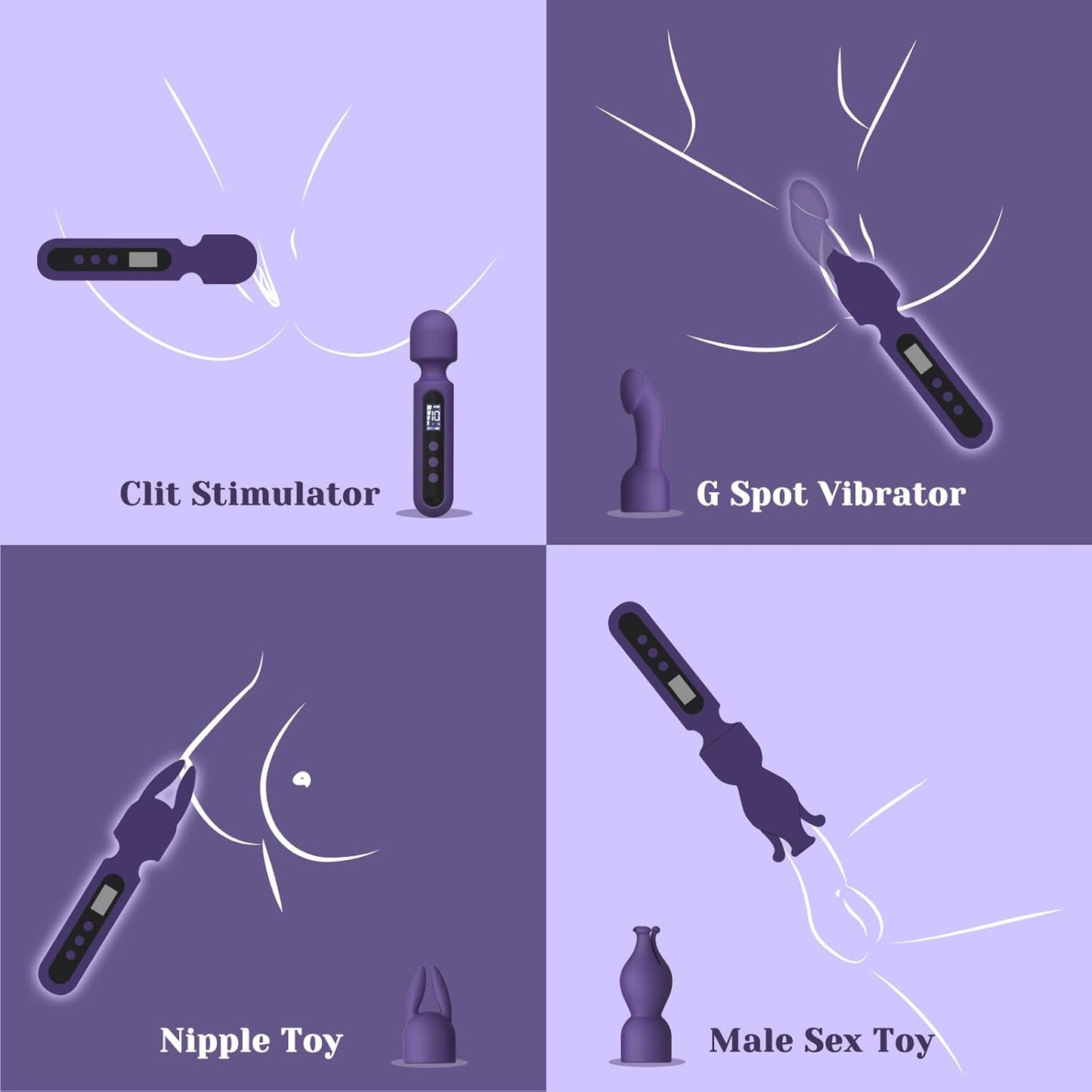 Wand Vibrator Set Couple Adult Toys 3 Attachments for Clit G Spot Glans Vibrating Dildo LCD 10 Patterns 4 Speeds