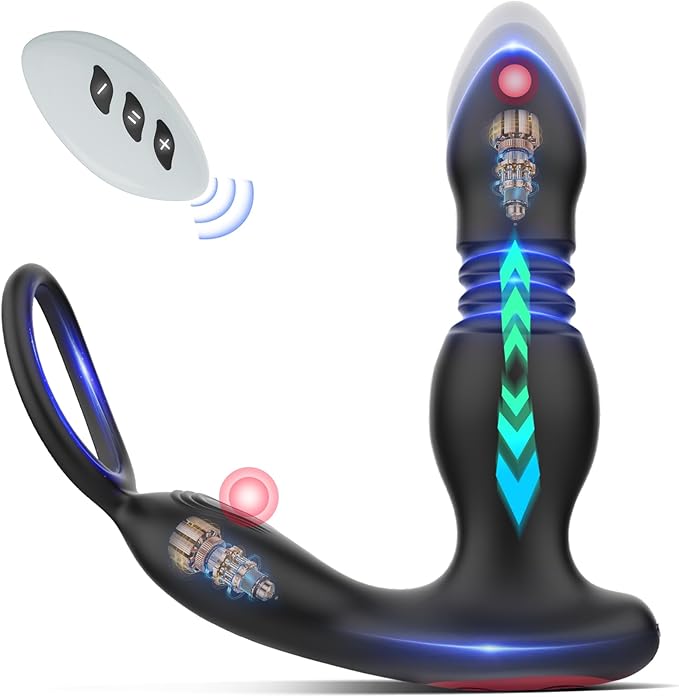 Prostate Massager Vibrator with Thrusting Vibration 7 Modes Rooster Ring Plug Sex Toy for Men P Spot Massager Couple Remote Control Beads