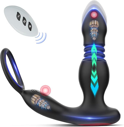 Prostate Massager Vibrator with Thrusting Vibration 7 Modes Rooster Ring Plug Sex Toy for Men P Spot Massager Couple Remote Control Beads