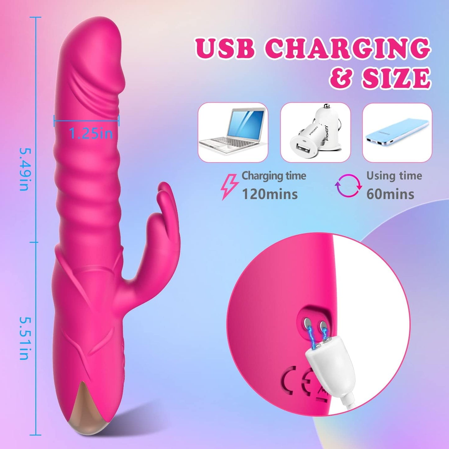Thrusting Rabbit Vibrator Realistic Silicone Clitoral Stimulator Waterproof Rechargeable 3 Thrust 10 Vibe Modes Rose Sex Toy Women