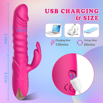 Thrusting Rabbit Vibrator Realistic Silicone Clitoral Stimulator Waterproof Rechargeable 3 Thrust 10 Vibe Modes Rose Sex Toy Women