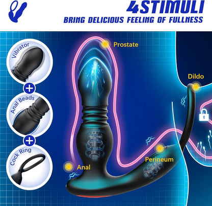 Prostate Massager Vibrator with Thrusting Vibration 7 Modes Rooster Ring Plug Sex Toy for Men P Spot Massager Couple Remote Control Beads