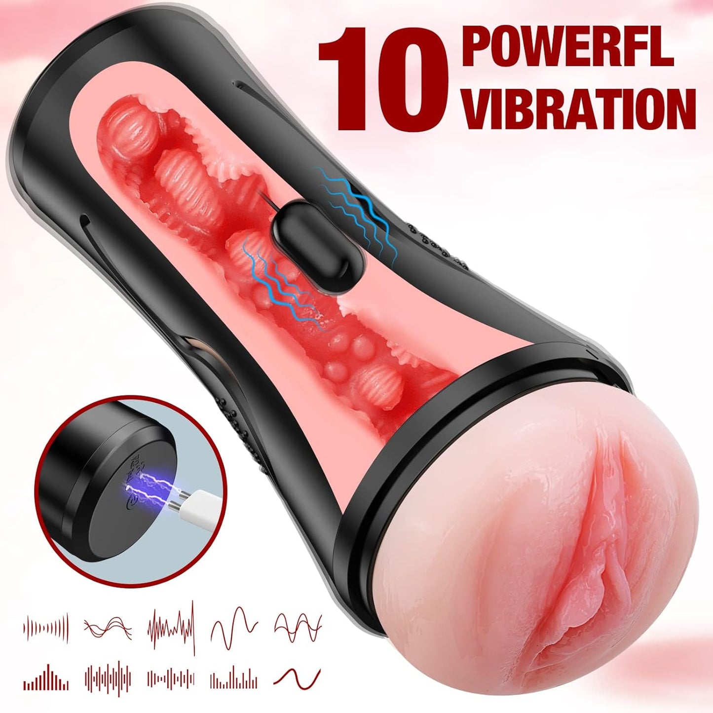 Mens Vibrating Sex Toy Male Masturbator 7.5" Depth Pocket Pussy with Lifelike Textured Vagina Soft Stroker for Adults