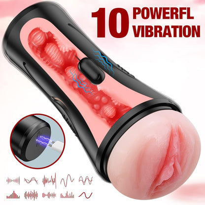 Mens Vibrating Sex Toy Male Masturbator 7.5" Depth Pocket Pussy with Lifelike Textured Vagina Soft Stroker for Adults