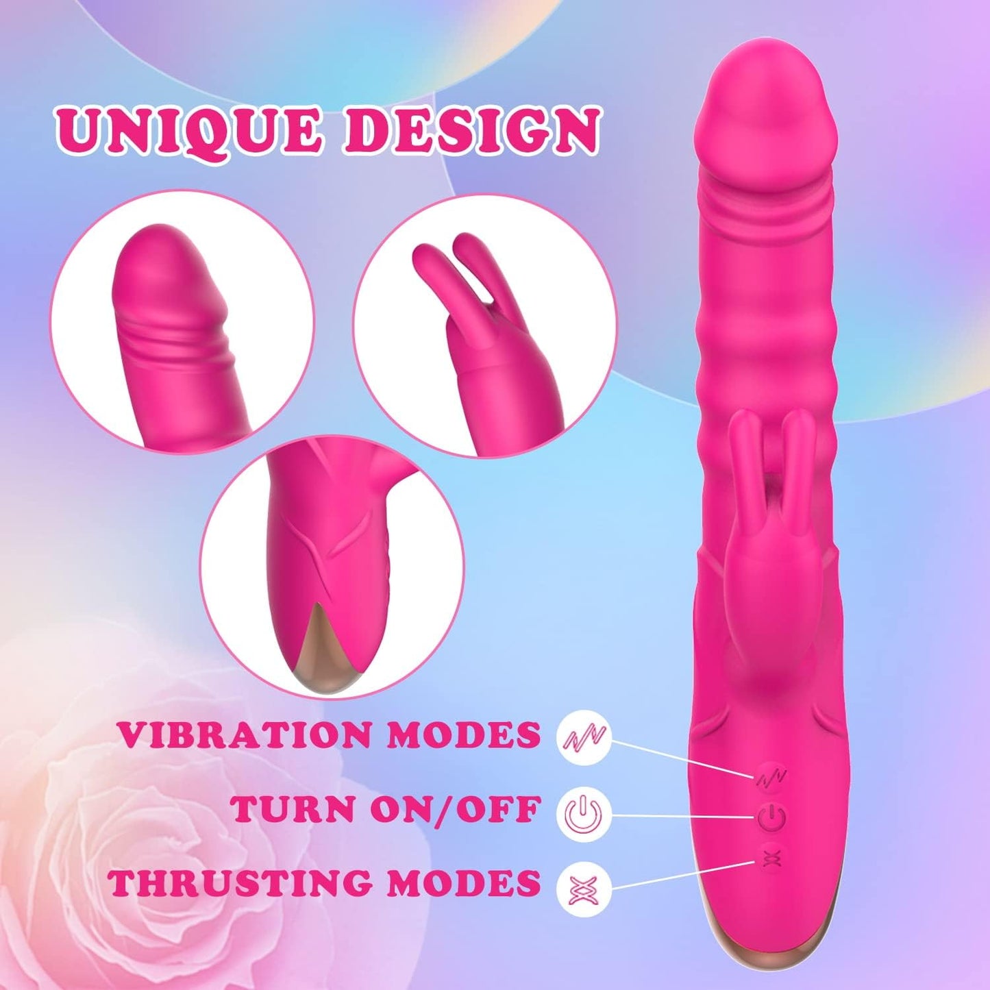 Thrusting Rabbit Vibrator Realistic Silicone Clitoral Stimulator Waterproof Rechargeable 3 Thrust 10 Vibe Modes Rose Sex Toy Women