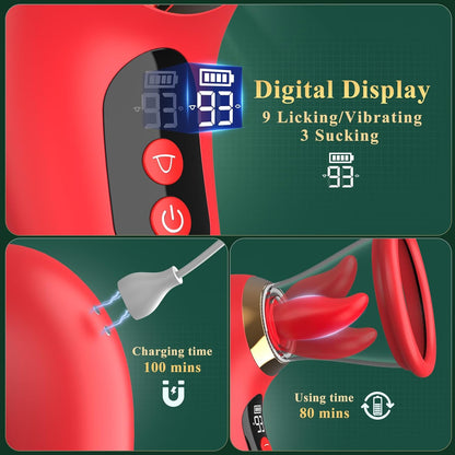 Women's Vibrator Adult Sex Toys 5IN1 Sucking Rose Vibrator 3 Sucking 9 Tongue Licking Vibrating LCD Removable Cup Toy