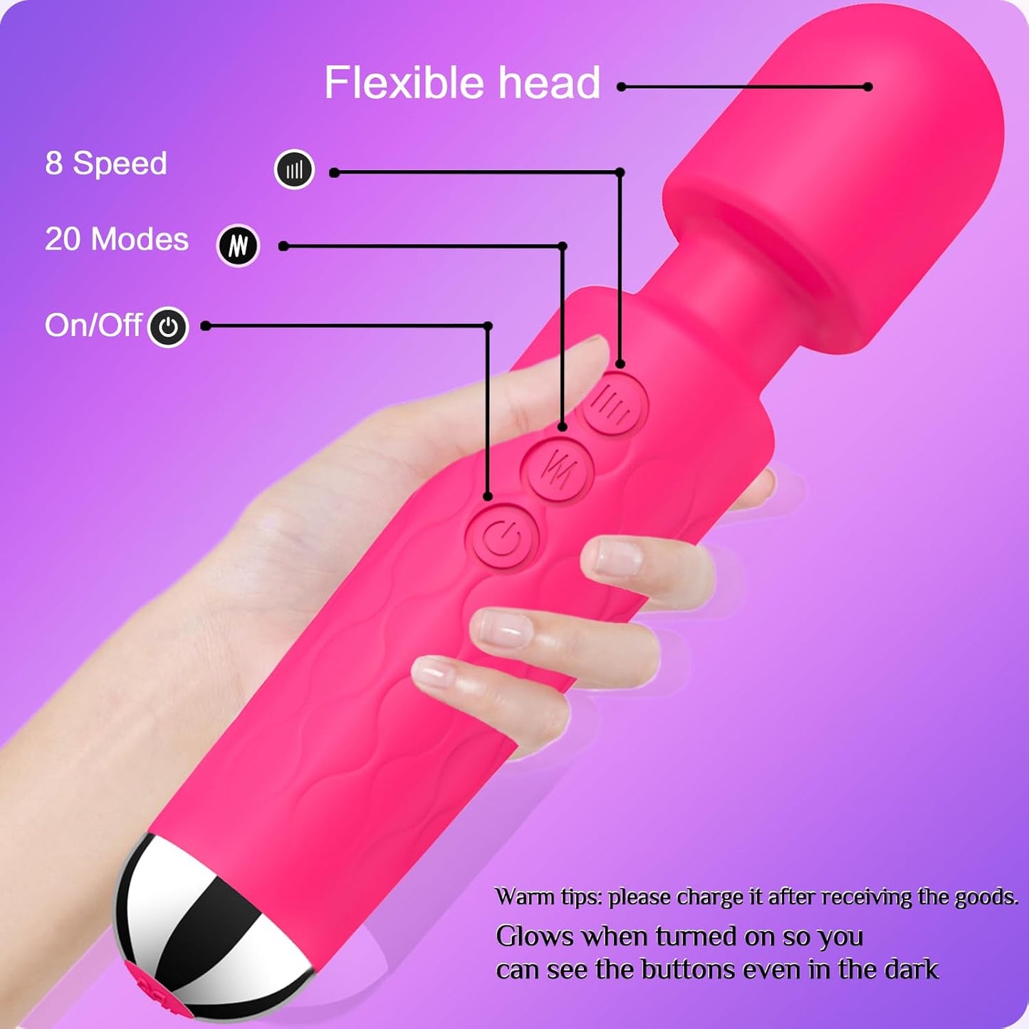 Vibrator Wand Adult Sex Toy G Spot Clit Stimulator 8 Speeds 20 Patterns Waterproof Rose Red