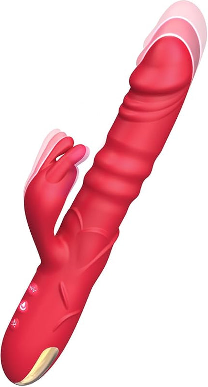 Thrusting Rabbit Vibrator Realistic Silicone Clitoral Stimulator Waterproof Rechargeable 3 Thrust 10 Vibe Modes Rose Sex Toy Women