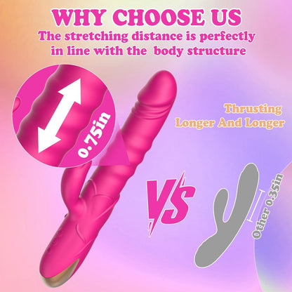 Thrusting Rabbit Vibrator Realistic Silicone Clitoral Stimulator Waterproof Rechargeable 3 Thrust 10 Vibe Modes Rose Sex Toy Women