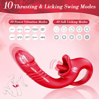 Thrusting Dildo Vibrator for Women Adult Toys 10 Thrust Vibes 10 Tongue Licking Modes Silicone Couple Stimulator Rose