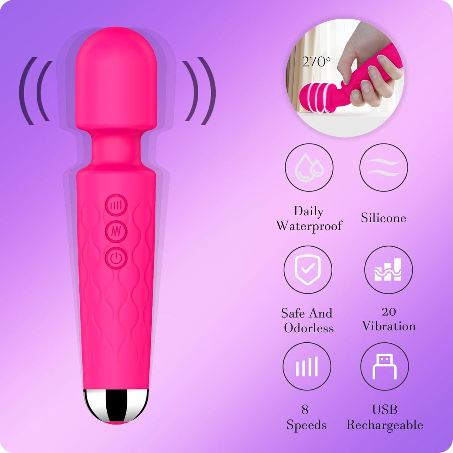 Vibrator Wand Adult Sex Toy G Spot Clit Stimulator 8 Speeds 20 Patterns Waterproof Rose Red