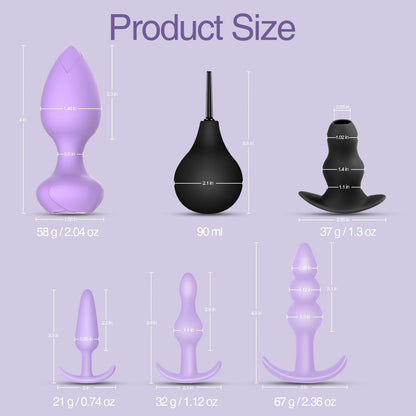6 Pack Silicone Vibrating Anal Plug Set Remote Control Adult Toys for All Beginners Purple