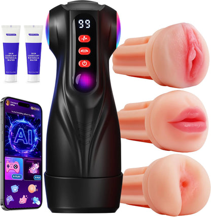Male Sex Toys 3 Sleeves AI Sync Pocket Pussy Penis Pump 9 Sucking 9 Vibrating APP Control Adult Kit