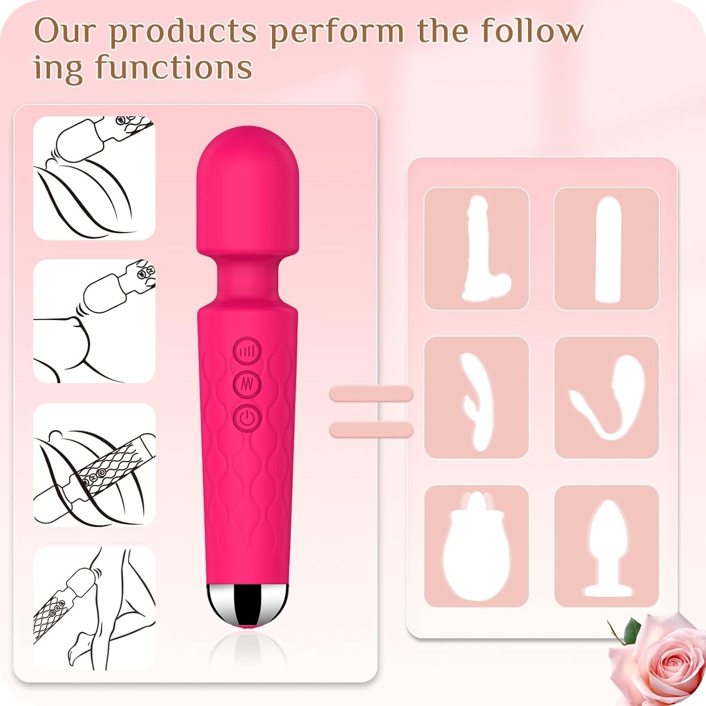 Vibrator Wand Adult Sex Toy G Spot Clit Stimulator 8 Speeds 20 Patterns Waterproof Rose Red