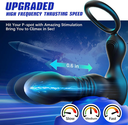 Prostate Massager Vibrator with Thrusting Vibration 7 Modes Rooster Ring Plug Sex Toy for Men P Spot Massager Couple Remote Control Beads